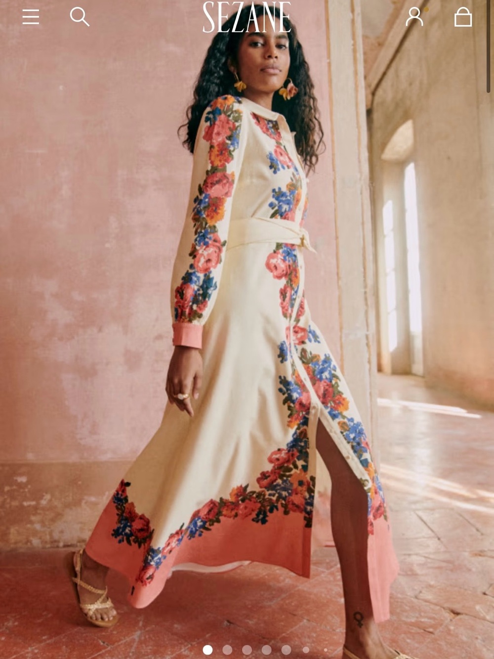 Sezane Cream Floral Maxi Dress with Pink and Blue Trim